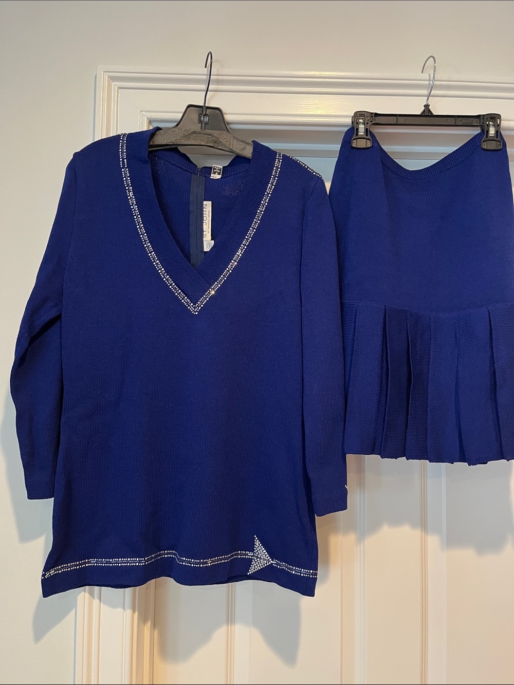 St. John Royal Blue Knit V-Neck Sweater & Pleated Skirt Set